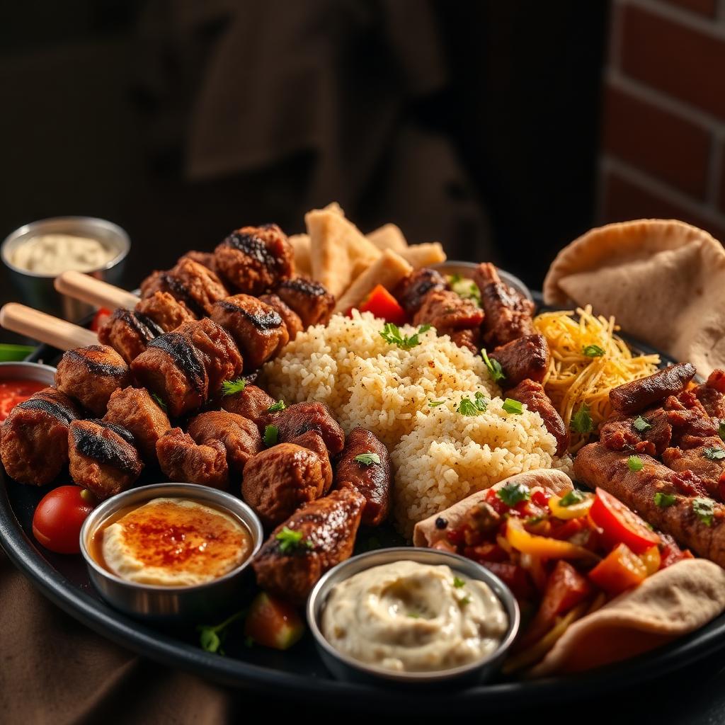 Mixed grill platter with shawarma, rice, and grilled skewers